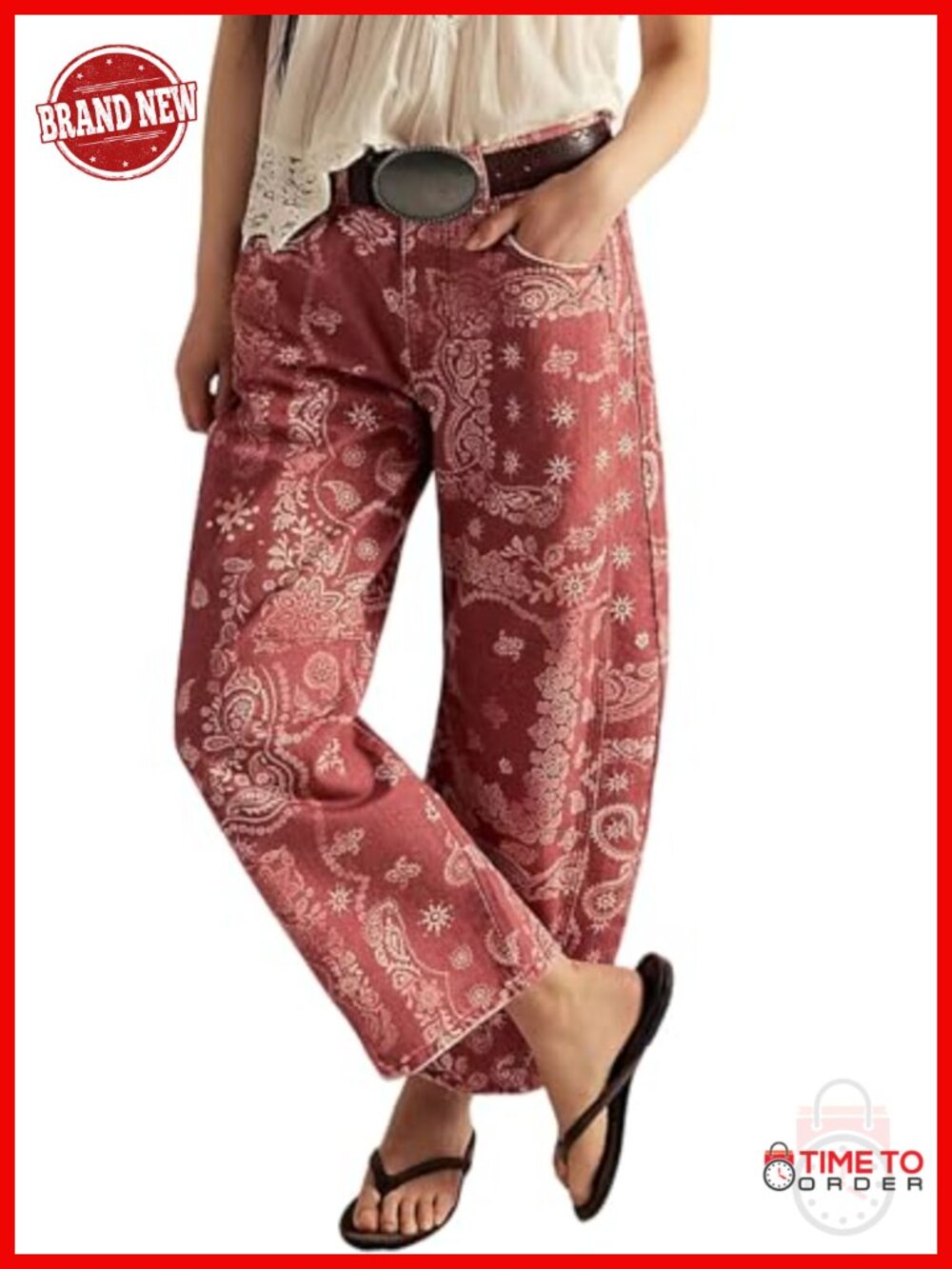 Wide Leg Floral Print Denim Ankle Pants Boyfriend Barrel Jeans